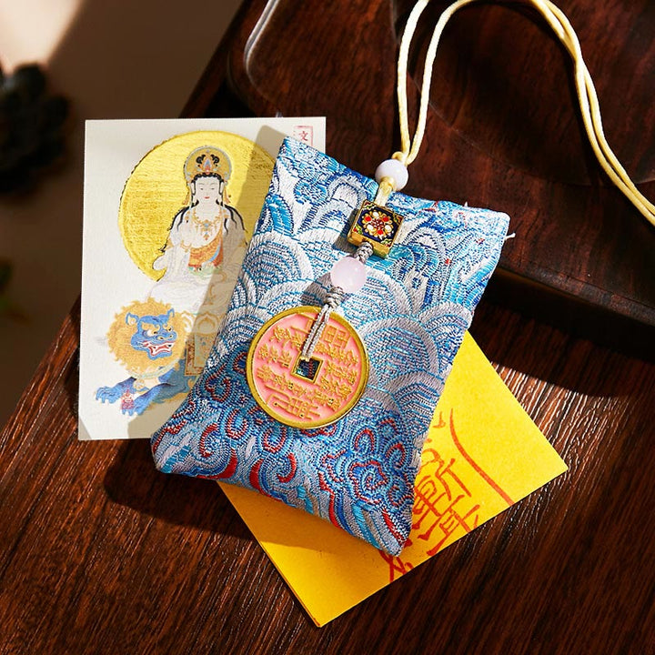 Buddha Stones, Zodiaque chinois, Bouddha natal, Pièces de cuivre, Sachet de bénédiction, Décoration suspendue - Tissu bleu clair - Bodhisattva Lapin-Manjushri - image 32