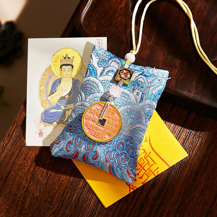 Buddha Stones, Zodiaque chinois, Bouddha natal, Pièces de cuivre, Sachet de bénédiction, Décoration suspendue - Tissu bleu clair - Chèvre/Singe-Tathagata - image 37