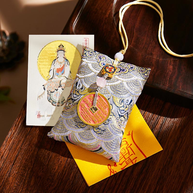 Buddha Stones, Zodiaque chinois, Bouddha natal, Pièces de cuivre, Sachet de bénédiction, Décoration suspendue - Tissu gris - Dragon/Serpent-Samantabhadra Bodhisattva - image 54