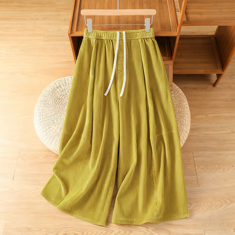 Pantalon court en velours côtelé à jambes larges, taille élastique, Buddha Stones - Kaki - US4, UK/AU8, EU36 (F) - image 1
