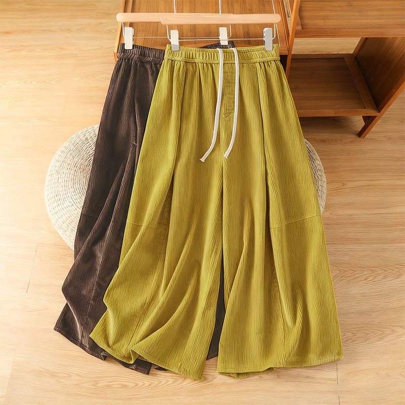 Pantalon court en velours côtelé à jambes larges, taille élastique, Buddha Stones - image 0