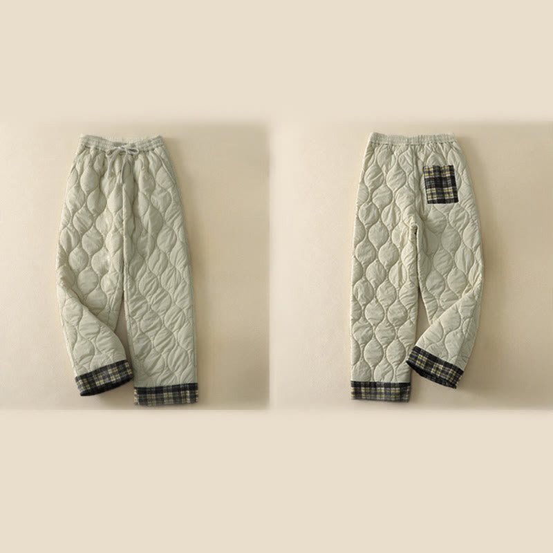 Pantalon thermique en coton à carreaux, imprimé patchwork, avec poches, Buddha Stones Winter Curved Lines et taille élastique à cordon de serrage. - image 14