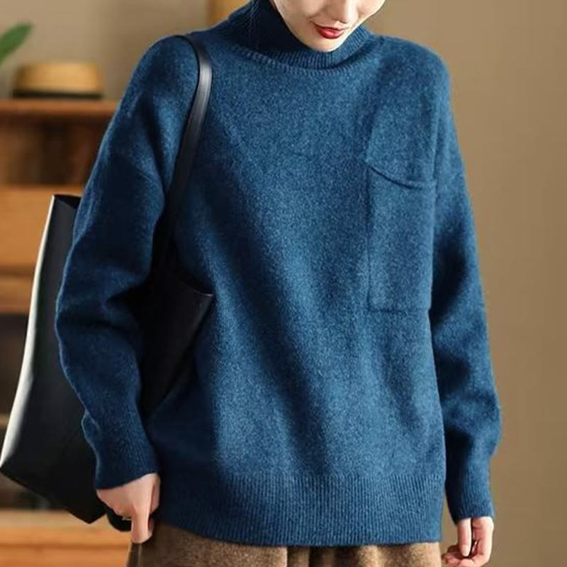 Pull en coton tricoté à manches longues et col montant, couleur unie , Buddha Stones, hiver - image 1