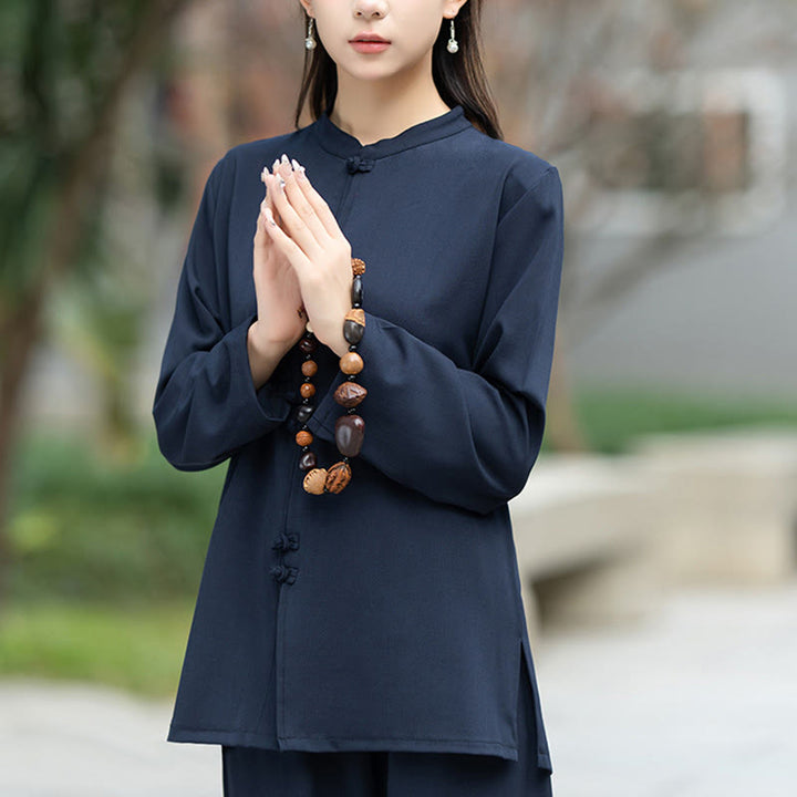 Ensemble de 2 pièces en coton pour femme , Buddha Stones : chemise à manches longues et pantalon à boutons grenouille, idéal pour la méditation, le zen et le tai-chi. - image 6