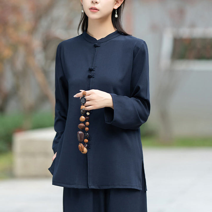 Ensemble de 2 pièces en coton pour femme , Buddha Stones : chemise à manches longues et pantalon à boutons grenouille, idéal pour la méditation, le zen et le tai-chi. - image 5