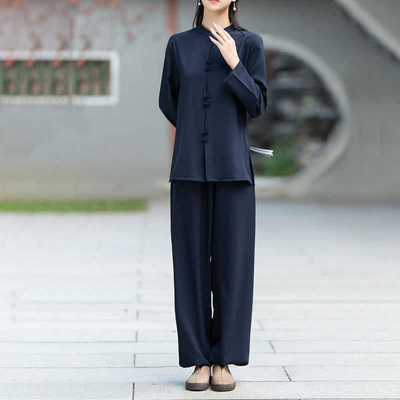 Ensemble de 2 pièces en coton pour femme , Buddha Stones : chemise à manches longues et pantalon à boutons grenouille, idéal pour la méditation, le zen et le tai-chi. - image 3