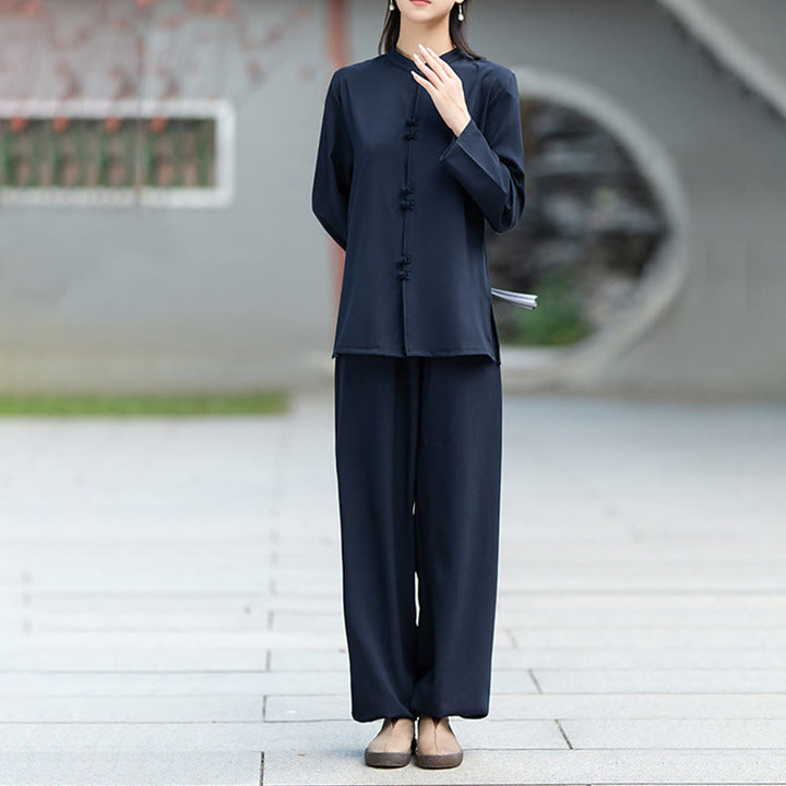 Ensemble de 2 pièces en coton pour femme , Buddha Stones : chemise à manches longues et pantalon à boutons grenouille, idéal pour la méditation, le zen et le tai-chi. - image 3