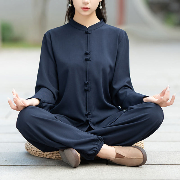 Ensemble de 2 pièces en coton pour femme , Buddha Stones : chemise à manches longues et pantalon à boutons grenouille, idéal pour la méditation, le zen et le tai-chi. - image 2