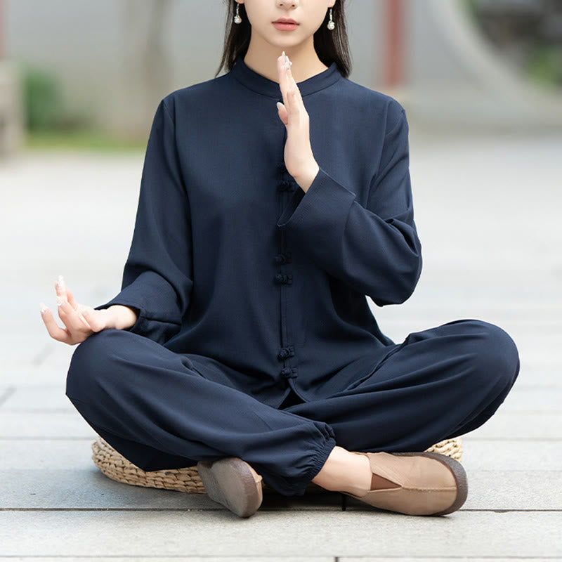 Ensemble de 2 pièces en coton pour femme , Buddha Stones : chemise à manches longues et pantalon à boutons grenouille, idéal pour la méditation, le zen et le tai-chi. - SteelBlue - US8-10，UK/AU12-14，EU40-42 (2XL) - image 0