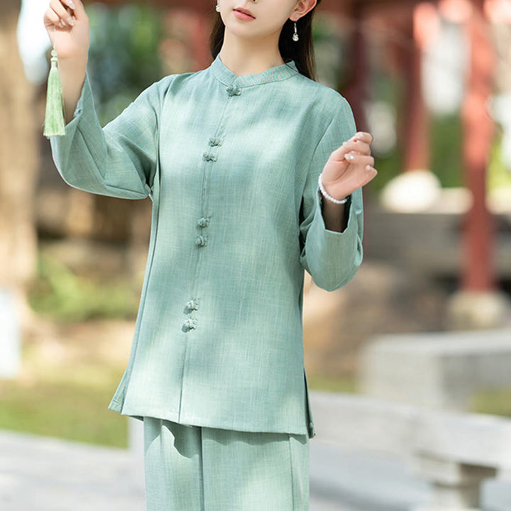 Ensemble de 2 pièces en coton pour femme , Buddha Stones : chemise à manches longues et pantalon à boutons grenouille, idéal pour la méditation, le zen et le tai-chi. - image 15