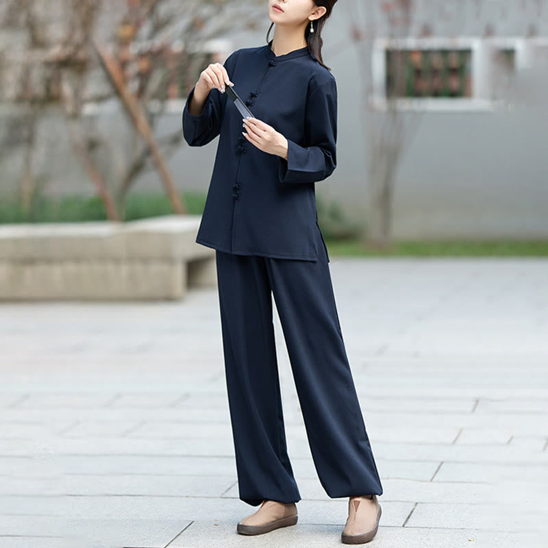Ensemble de 2 pièces en coton pour femme , Buddha Stones : chemise à manches longues et pantalon à boutons grenouille, idéal pour la méditation, le zen et le tai-chi. - image 4
