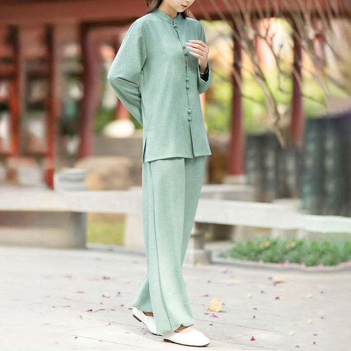 Ensemble de 2 pièces en coton pour femme , Buddha Stones : chemise à manches longues et pantalon à boutons grenouille, idéal pour la méditation, le zen et le tai-chi. - image 12