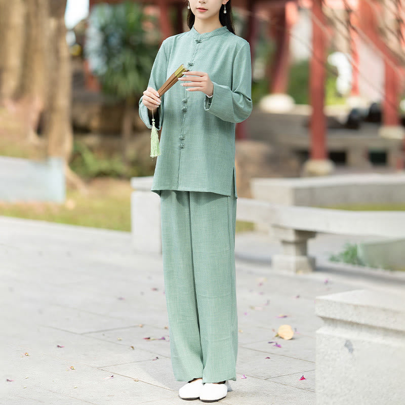 Ensemble de 2 pièces en coton pour femme , Buddha Stones : chemise à manches longues et pantalon à boutons grenouille, idéal pour la méditation, le zen et le tai-chi. - image 13