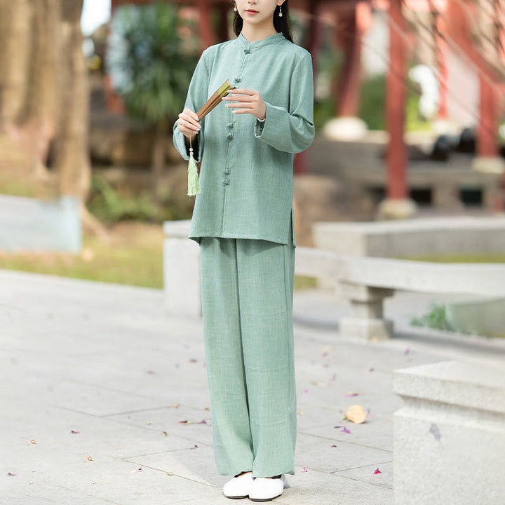 Ensemble de 2 pièces en coton pour femme , Buddha Stones : chemise à manches longues et pantalon à boutons grenouille, idéal pour la méditation, le zen et le tai-chi. - image 13