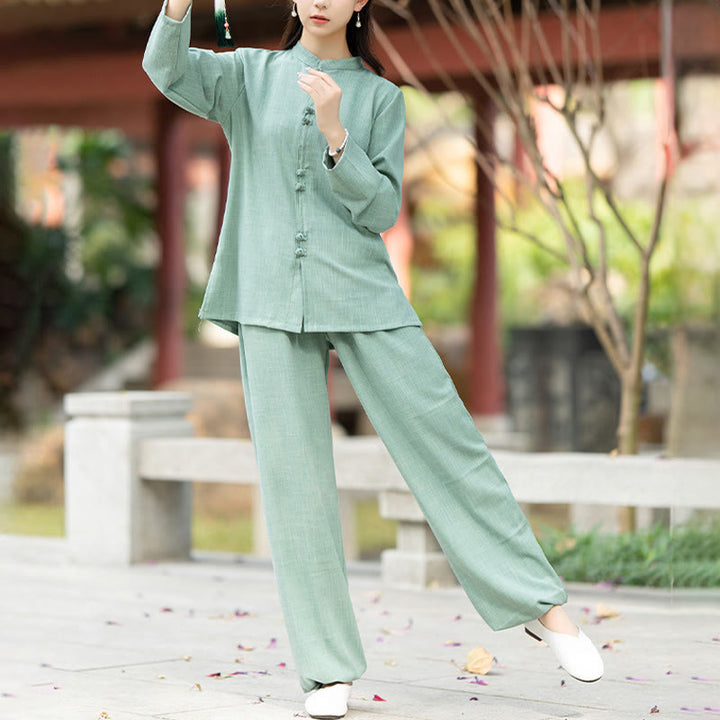 Ensemble de 2 pièces en coton pour femme , Buddha Stones : chemise à manches longues et pantalon à boutons grenouille, idéal pour la méditation, le zen et le tai-chi. - image 11