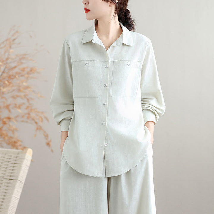 Ensemble 2 Buddha Stones pour femme avec poches, couleur unie, en coton, composé d'une chemise à manches longues boutonnée et d'un pantalon large longueur cheville. - image 4