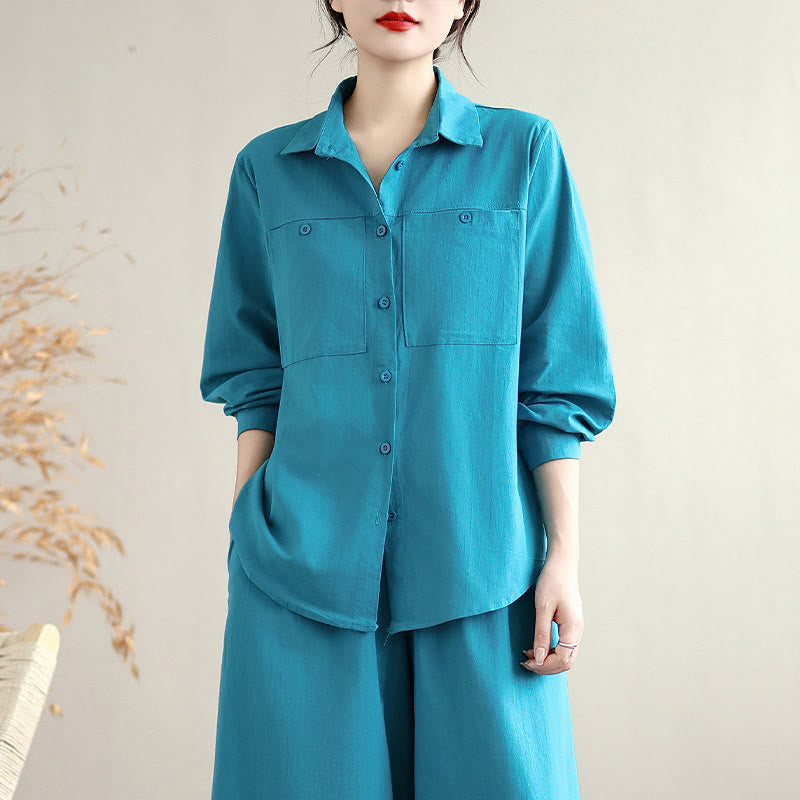 Ensemble 2 Buddha Stones pour femme avec poches, couleur unie, en coton, composé d'une chemise à manches longues boutonnée et d'un pantalon large longueur cheville. - image 17