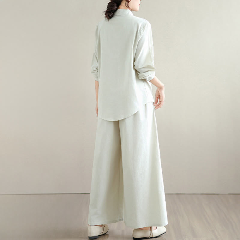 Ensemble 2 Buddha Stones pour femme avec poches, couleur unie, en coton, composé d'une chemise à manches longues boutonnée et d'un pantalon large longueur cheville. - image 3