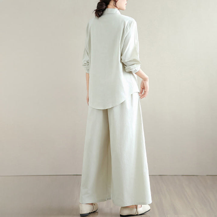 Ensemble 2 Buddha Stones pour femme avec poches, couleur unie, en coton, composé d'une chemise à manches longues boutonnée et d'un pantalon large longueur cheville. - image 3