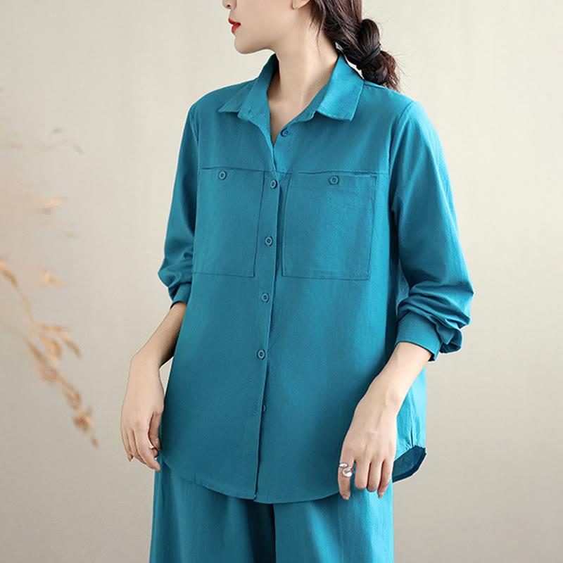 Ensemble 2 Buddha Stones pour femme avec poches, couleur unie, en coton, composé d'une chemise à manches longues boutonnée et d'un pantalon large longueur cheville. - image 18