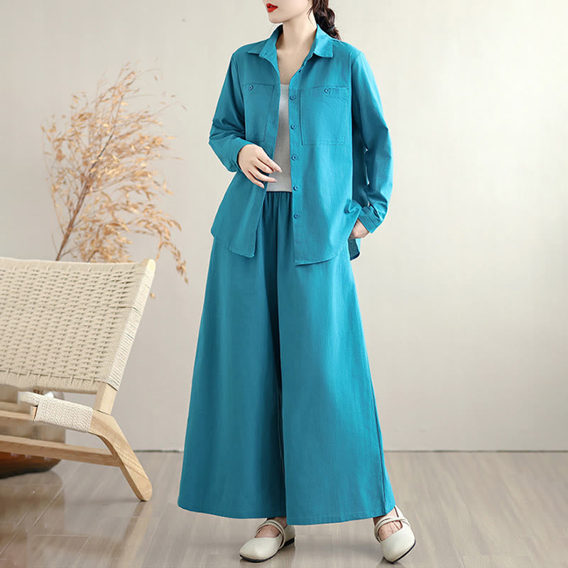 Ensemble 2 Buddha Stones pour femme avec poches, couleur unie, en coton, composé d'une chemise à manches longues boutonnée et d'un pantalon large longueur cheville. - image 14