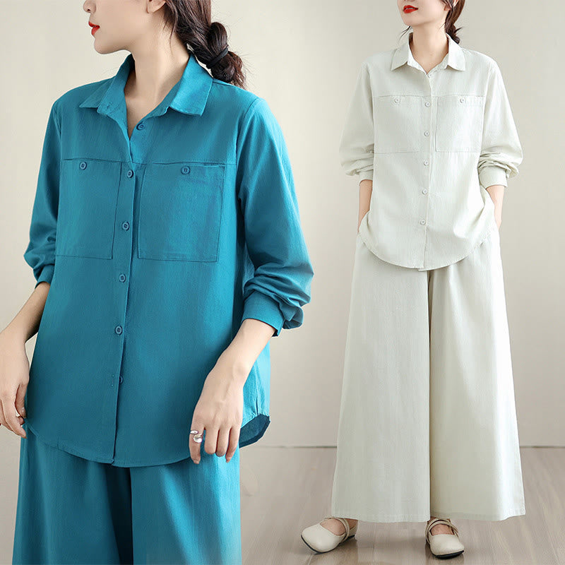 Ensemble 2 Buddha Stones pour femme avec poches, couleur unie, en coton, composé d'une chemise à manches longues boutonnée et d'un pantalon large longueur cheville. - image 20