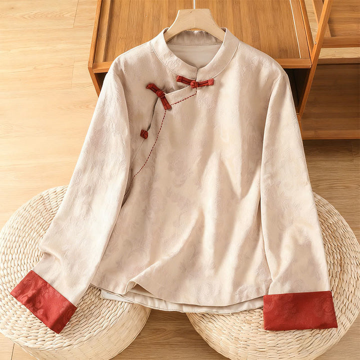 Chemise en coton à manches longues pour femme, imprimé floral jacquard Buddha Stones, col montant à boutons brandebourg - Beige - US8-10，UK/AU12-14，EU40-42 (2XL) - image 16