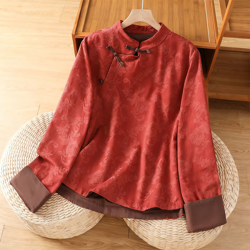 Chemise en coton à manches longues pour femme, imprimé floral jacquard Buddha Stones, col montant à boutons brandebourg - Rouge - US8-10，UK/AU12-14，EU40-42 (2XL) - image 0