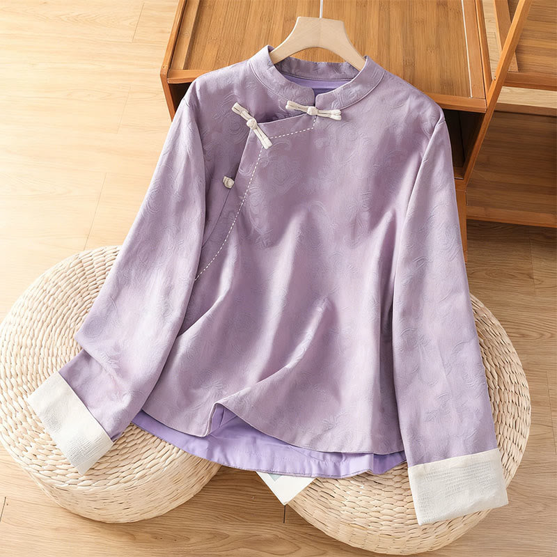 Chemise en coton à manches longues pour femme, imprimé floral jacquard Buddha Stones, col montant à boutons brandebourg - Prune - US8-10，UK/AU12-14，EU40-42 (2XL) - image 8