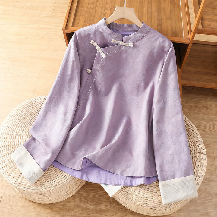 Chemise en coton à manches longues pour femme, imprimé floral jacquard Buddha Stones, col montant à boutons brandebourg - Prune - US8-10，UK/AU12-14，EU40-42 (2XL) - image 8