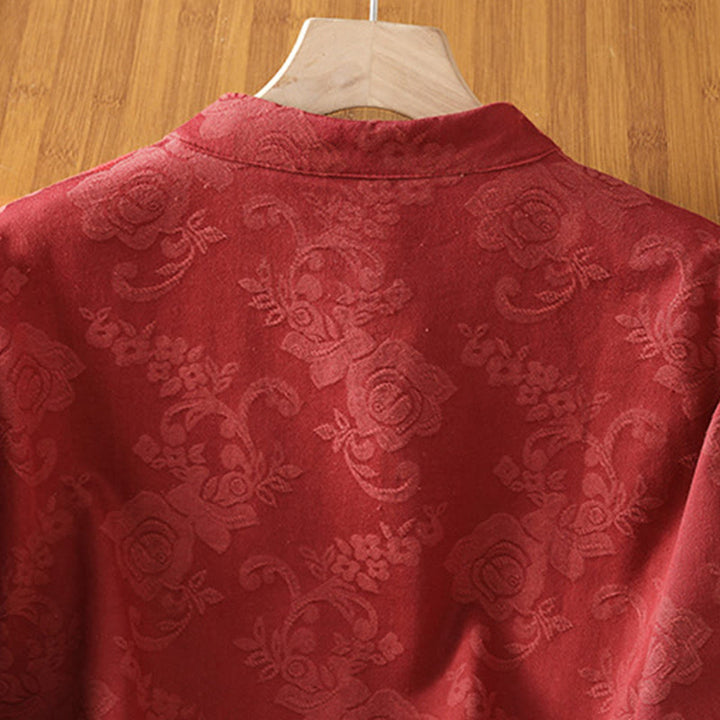 Chemise en coton à manches longues pour femme, imprimé floral jacquard Buddha Stones, col montant à boutons brandebourg - image 3