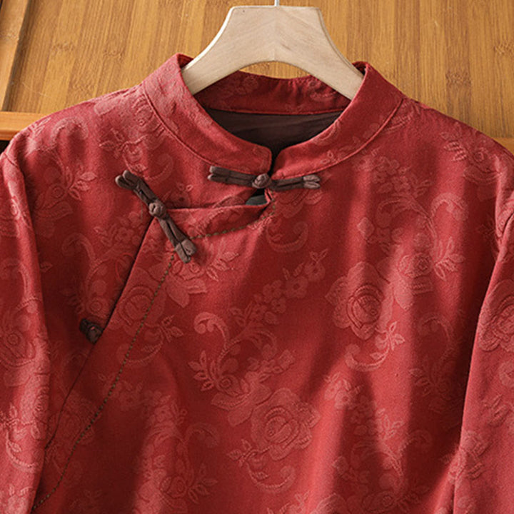 Chemise en coton à manches longues pour femme, imprimé floral jacquard Buddha Stones, col montant à boutons brandebourg - image 2