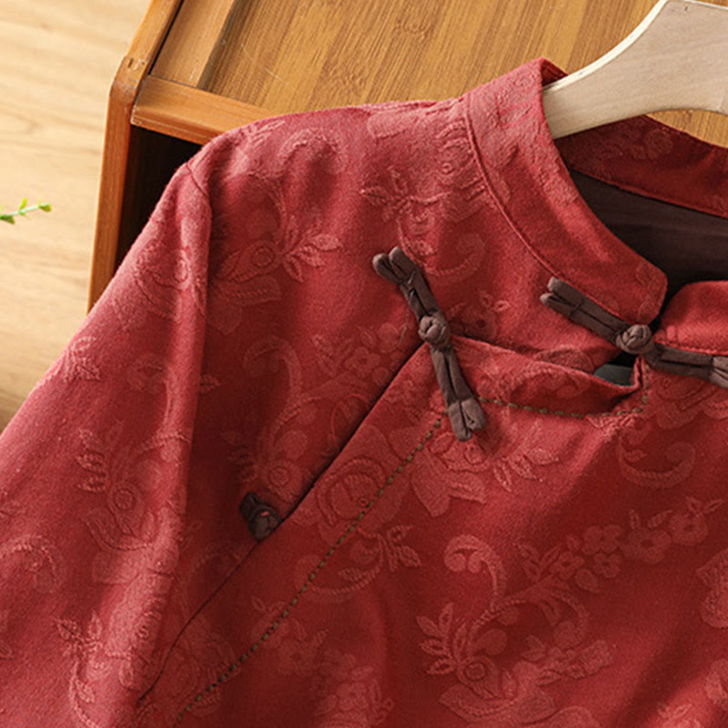 Chemise en coton à manches longues pour femme, imprimé floral jacquard Buddha Stones, col montant à boutons brandebourg - image 4