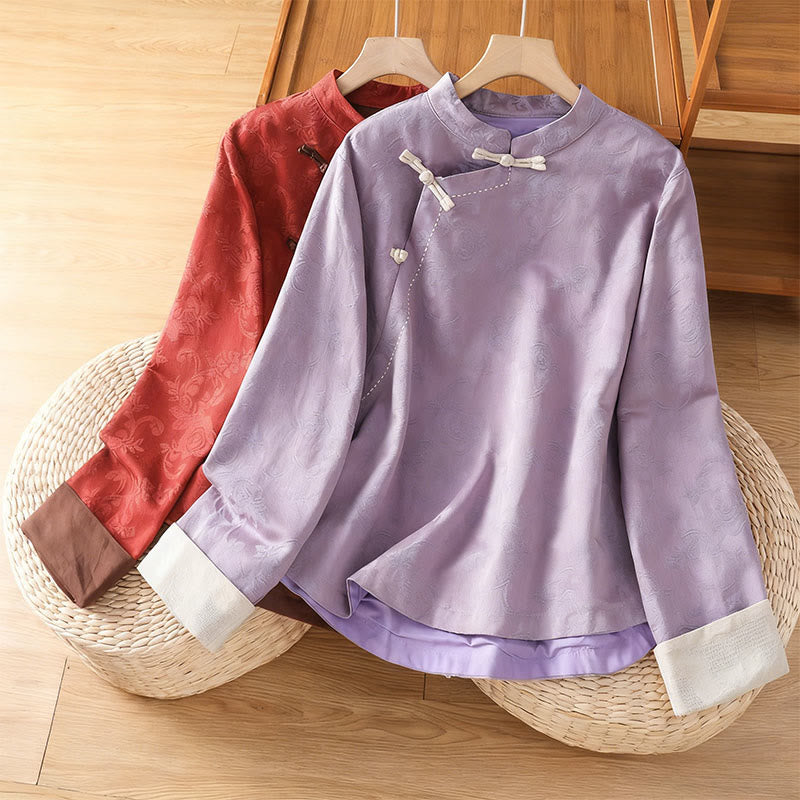 Chemise en coton à manches longues pour femme, imprimé floral jacquard Buddha Stones, col montant à boutons brandebourg - image 15