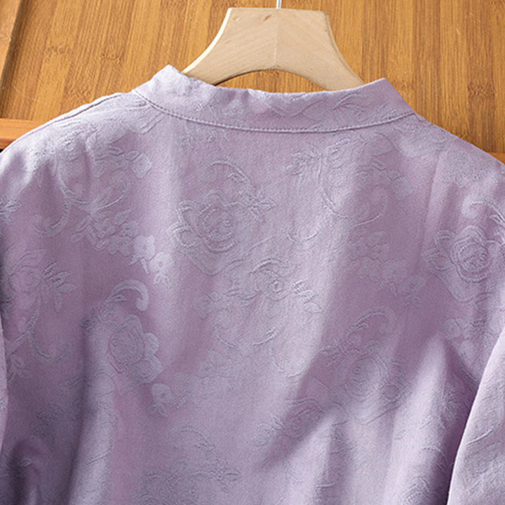 Chemise en coton à manches longues pour femme, imprimé floral jacquard Buddha Stones, col montant à boutons brandebourg - image 11