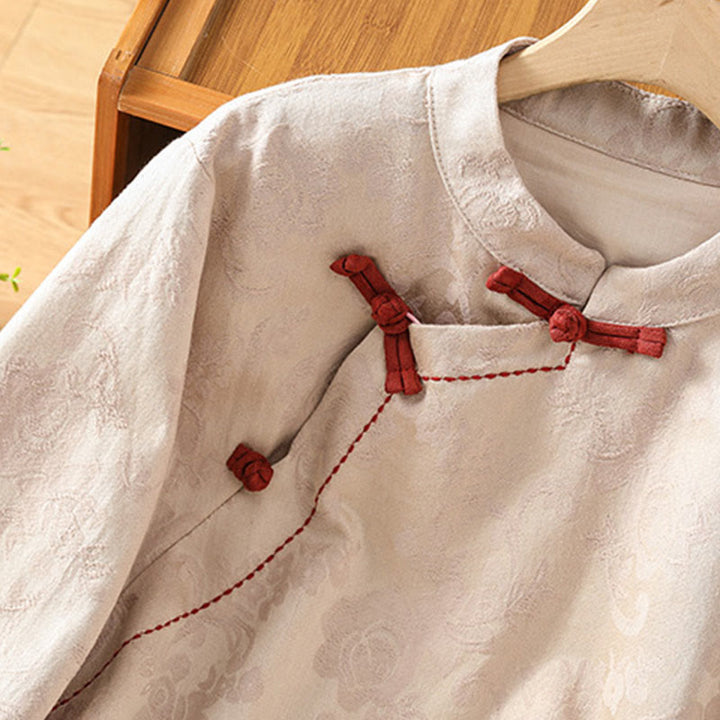 Chemise en coton à manches longues pour femme, imprimé floral jacquard Buddha Stones, col montant à boutons brandebourg - image 21