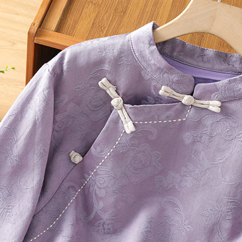 Chemise en coton à manches longues pour femme, imprimé floral jacquard Buddha Stones, col montant à boutons brandebourg - image 12