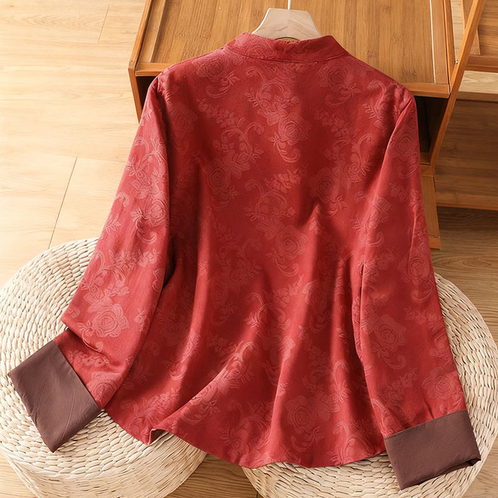 Chemise en coton à manches longues pour femme, imprimé floral jacquard Buddha Stones, col montant à boutons brandebourg - image 1