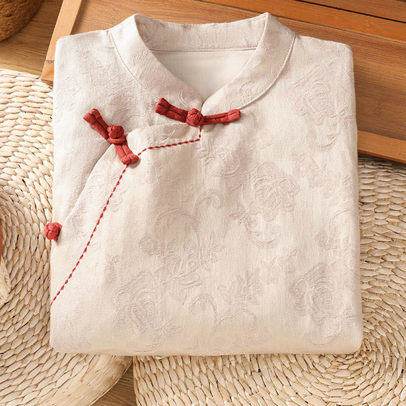 Chemise en coton à manches longues pour femme, imprimé floral jacquard Buddha Stones, col montant à boutons brandebourg - image 18