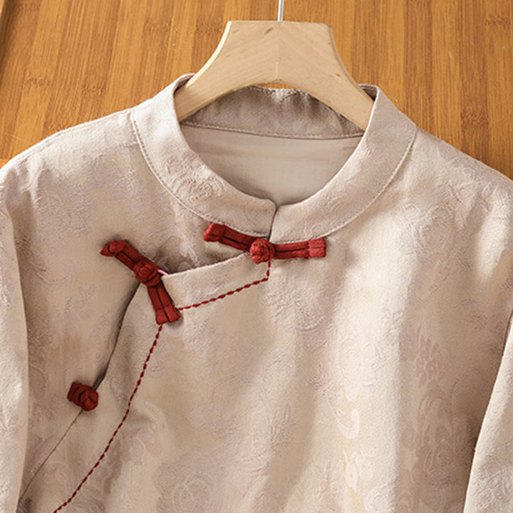 Chemise en coton à manches longues pour femme, imprimé floral jacquard Buddha Stones, col montant à boutons brandebourg - image 19