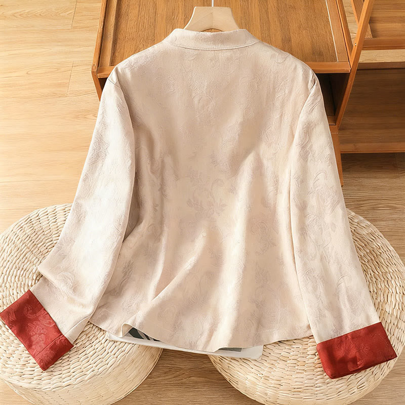 Chemise en coton à manches longues pour femme, imprimé floral jacquard Buddha Stones, col montant à boutons brandebourg - image 17