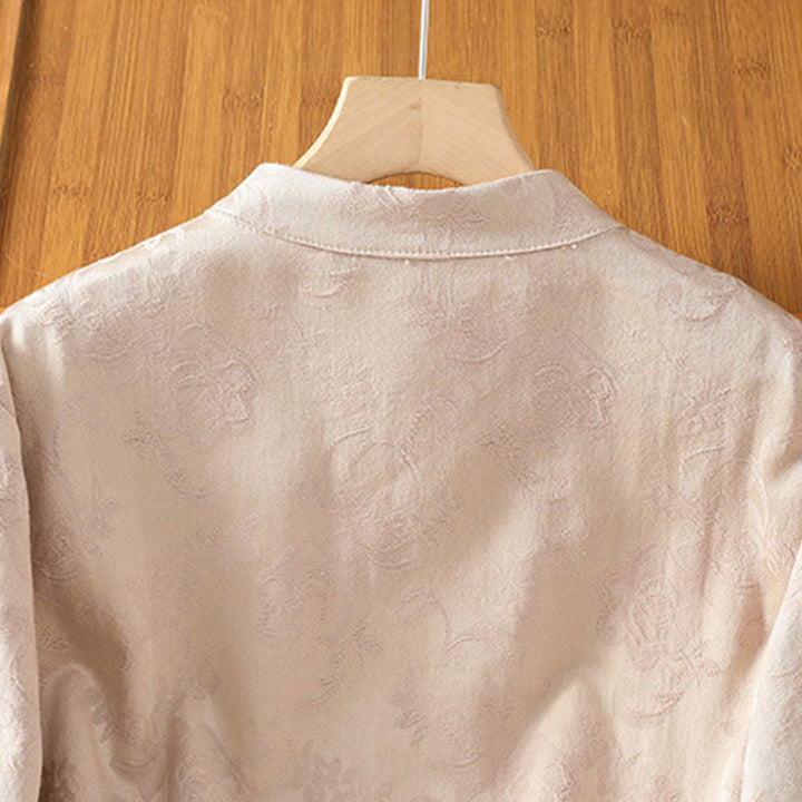 Chemise en coton à manches longues pour femme, imprimé floral jacquard Buddha Stones, col montant à boutons brandebourg - image 20