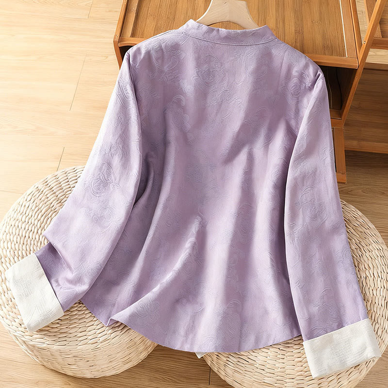 Chemise en coton à manches longues pour femme, imprimé floral jacquard Buddha Stones, col montant à boutons brandebourg - image 9