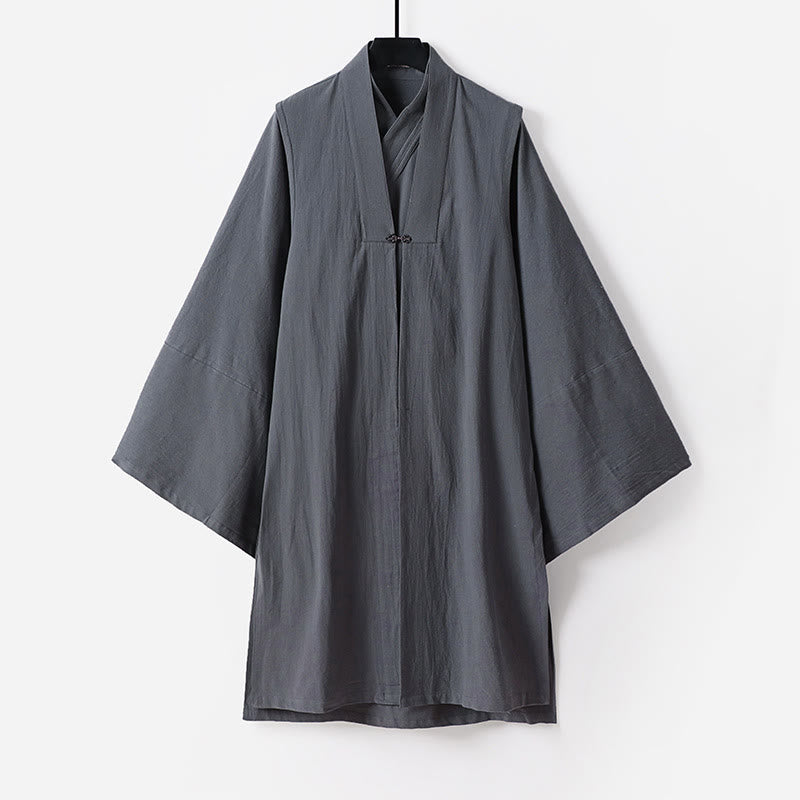 Ensemble de 2 pièces pour homme, style taoïste, manches longues, lacée, kimono sans manches, idéal pour la cérémonie de Qigong, Buddha Stones. - Gris - US/UK/AU54，EU64 (9XL) - image 4