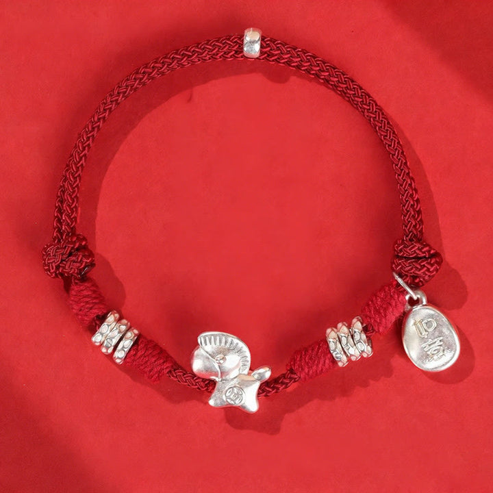 Bracelet en argent sterling 999 Buddha Stones de l'année du Cheval et de la liberté - Cordon rouge foncé (Tour de poignet : 14-21 cm) - image 1