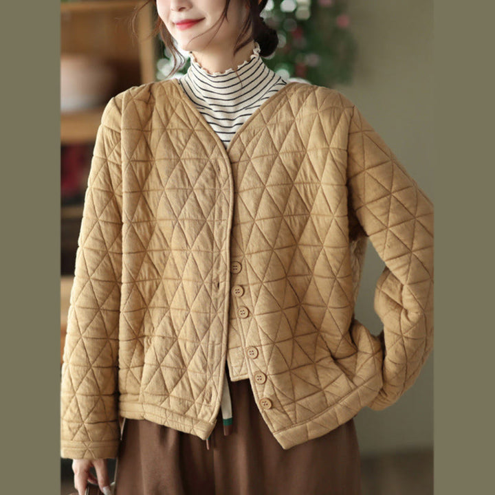 Veste thermique d'hiver pour femme en coton à manches longues et motif losanges Buddha Stones, avec poches - verge d'or - US12，UK/AU16，EU44 (2XL) - image 9