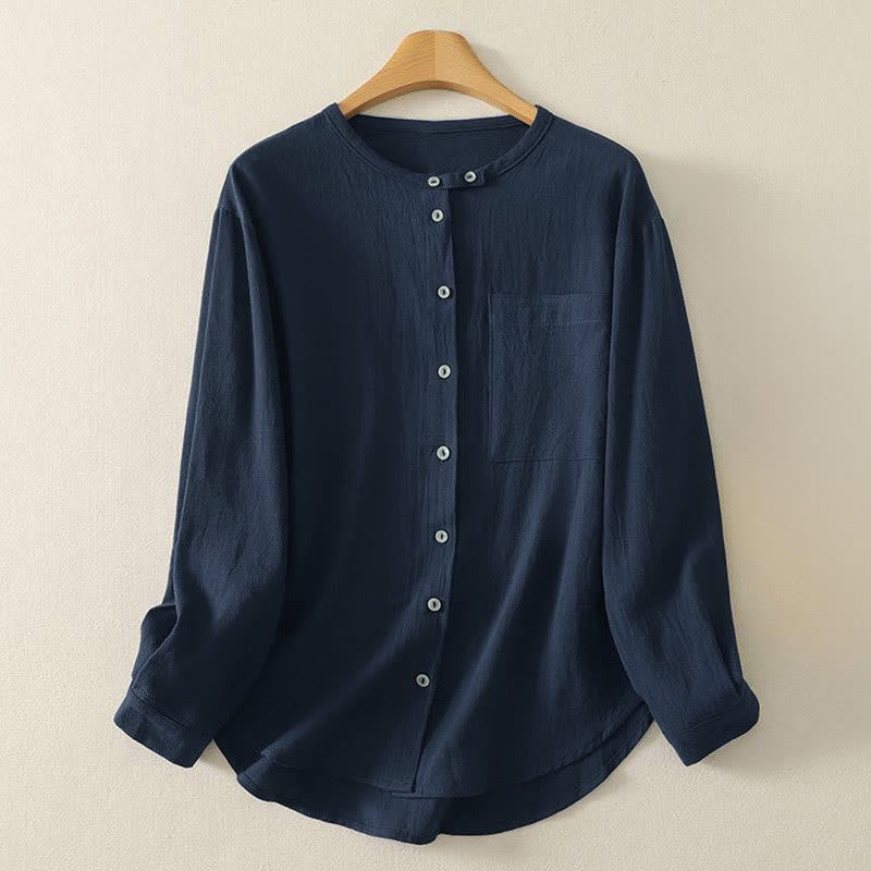Chemise femme en polyester à manches longues et col rond, motif Buddha Stones , avec poches - Bleu nuit - US8-10，UK/AU12-14，EU40-42 (2XL) - image 1