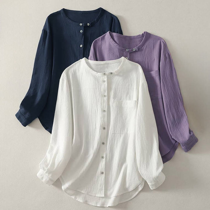 Chemise femme en polyester à manches longues et col rond, motif Buddha Stones , avec poches - image 0