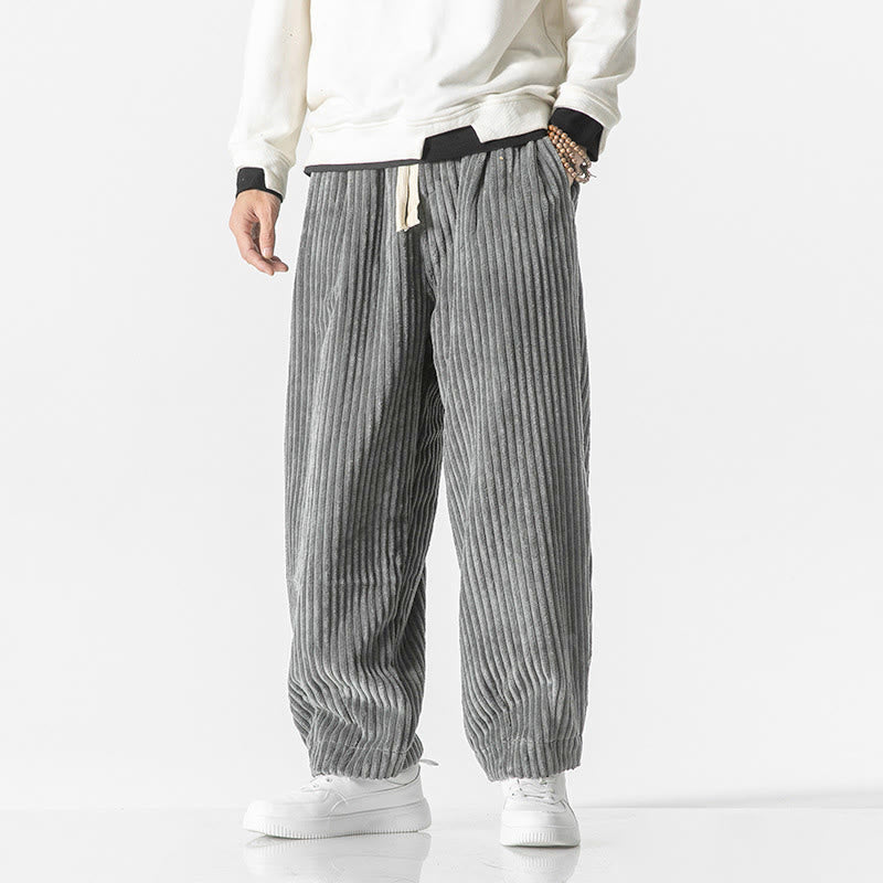 Pantalon sarouel en velours côtelé avec cordon de serrage et poches pour homme, style rétro hiver, couleur unie, motif Buddha Stones - Gris - US/UK/AU48，EU58(5XL) - image 0