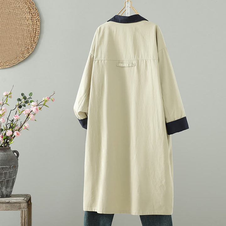 Manteau long en coton pour femme, à manches longues et poches, orné de boutons de revers et d'un patchwork de Buddha Stones - image 2